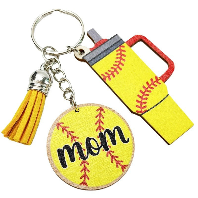 Wholesale 2pcs MOM Cup Football Basketball Tassel Sports Wooden Keychain Creative Keychain ACC-KC-HY026