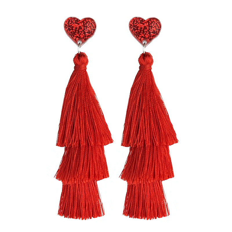 Wholesale 2 pairs/pack Valentine's Day Pink Multi-layer Heart Tassel Earrings ACC-ES-HY212