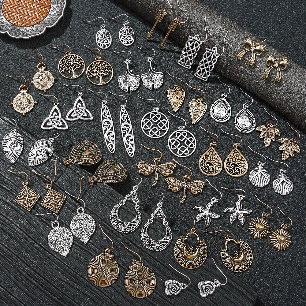 Wholesale Antique Silver Geometric Earring Set Ethnic Style Fashion Jewelry Accessory