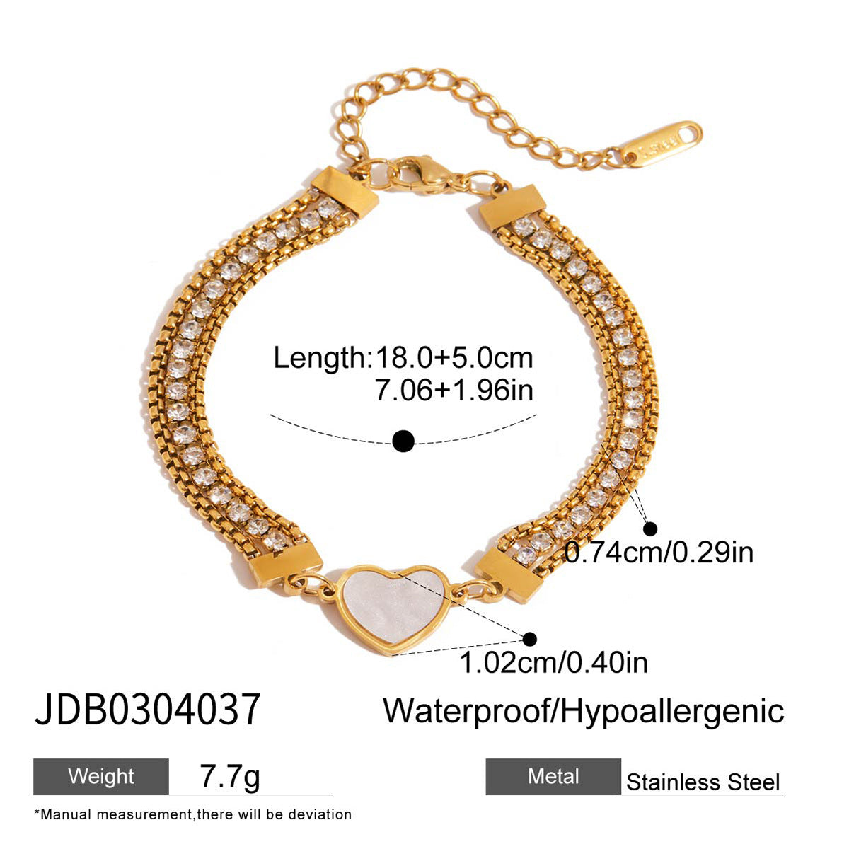 Wholesale 18K Gold Stainless Steel Shell-Shaped Heart with White Zircon Three-Layer Chain Bracelet
