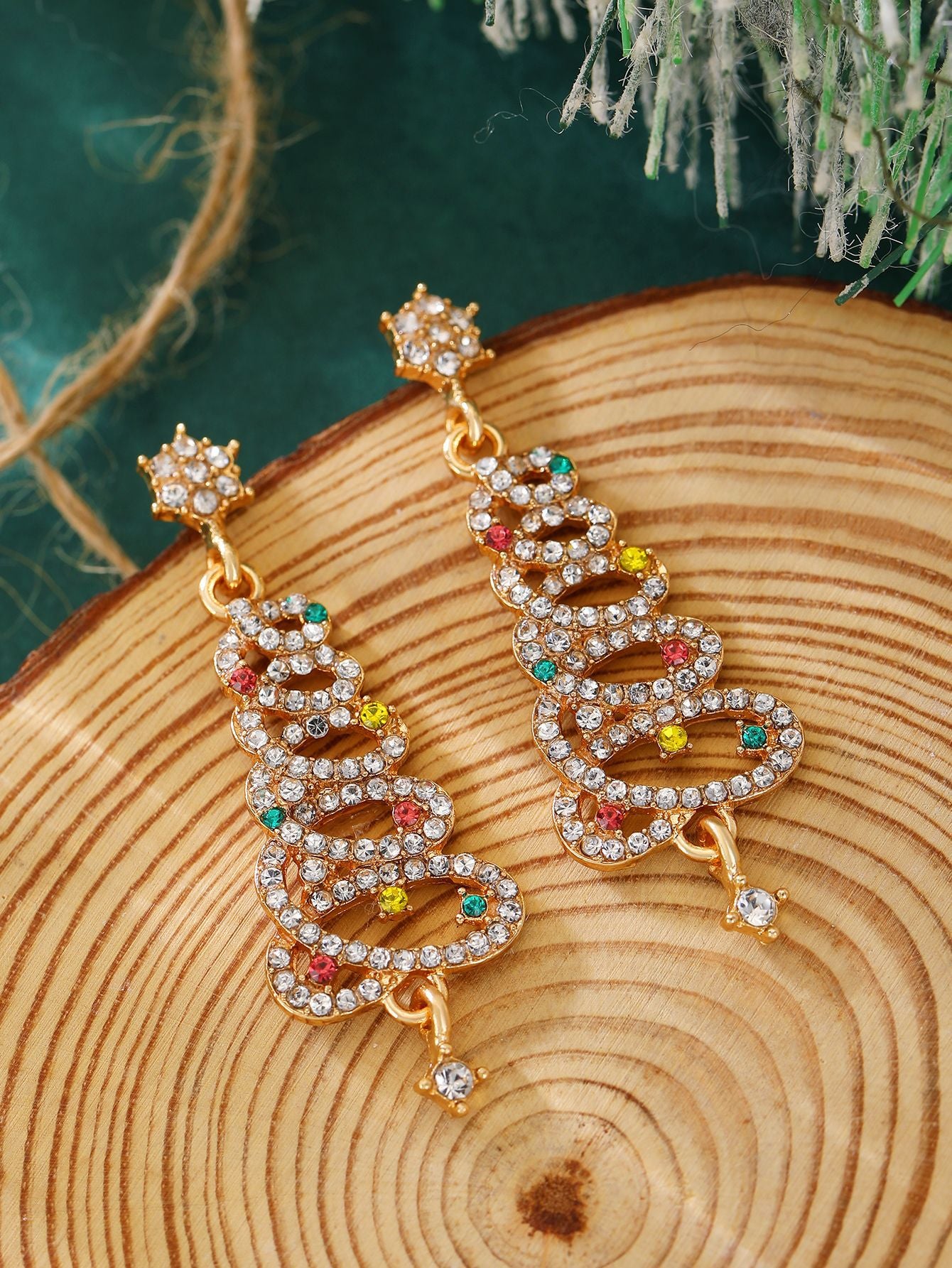 Wholesale Christmas Tree Earrings For Women Colorful Rhinestone Gold Tone Party Jewelry Gift