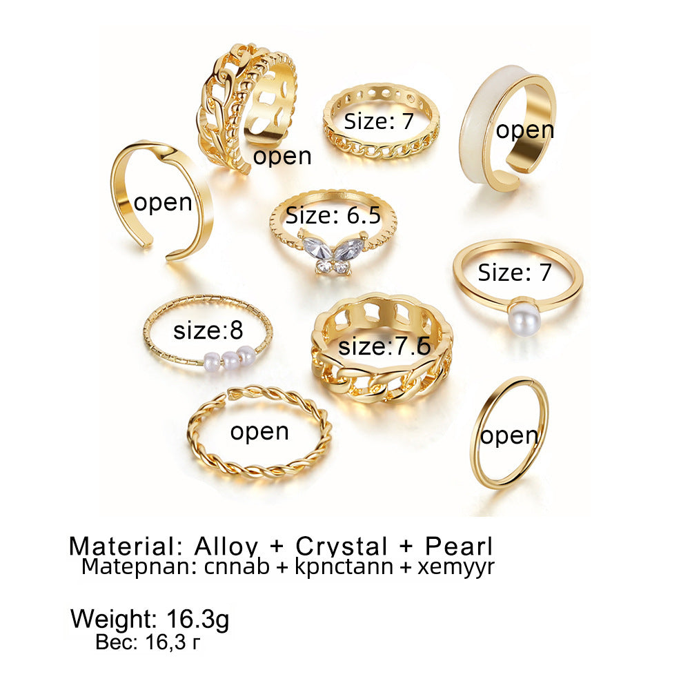 Wholesale 10pcs/set Vintage Style Pearl Embedded Chain Link Ring Set