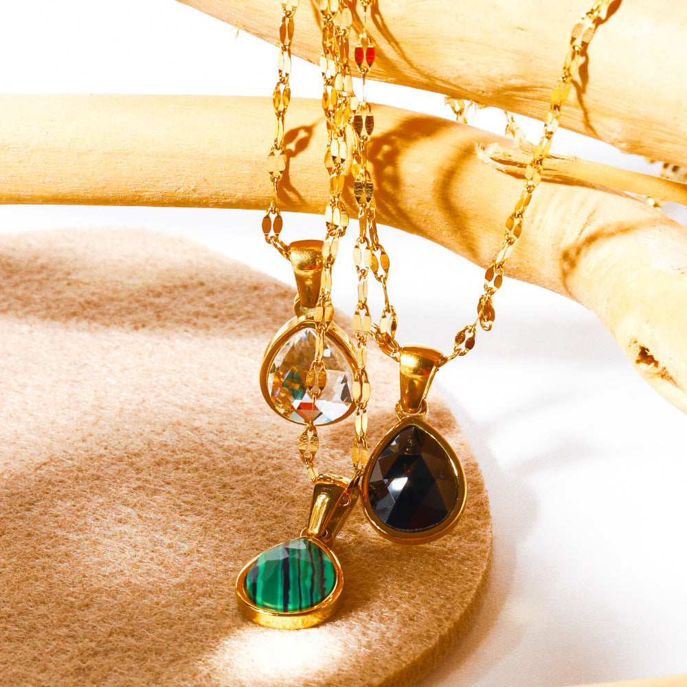 Wholesale  Titanium Steel Water Drop Pendant Zircon Natural Stone Clavicle Chain