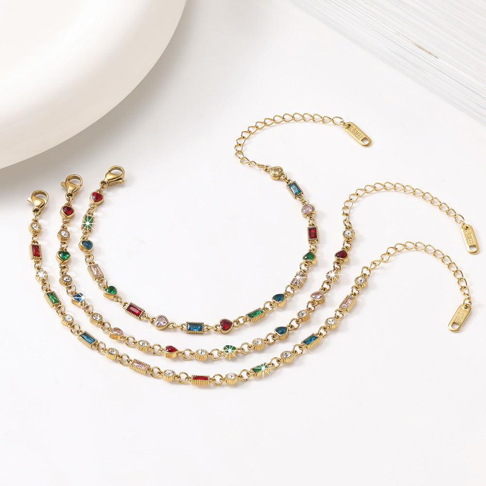 Wholesale Geometric Micro Set Colorful Gemstone Chain Bracelet Stainless Steel Gold Plated Women S Fashion Jewelry Accessory