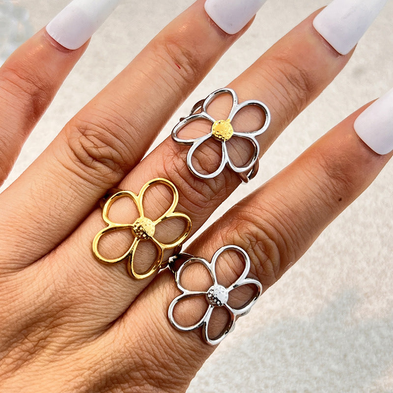 Wholesale  Titanium Steel Ring Niche Design Small  Flower Ring Simple High-End Open Ring Fashionable and Versatile
