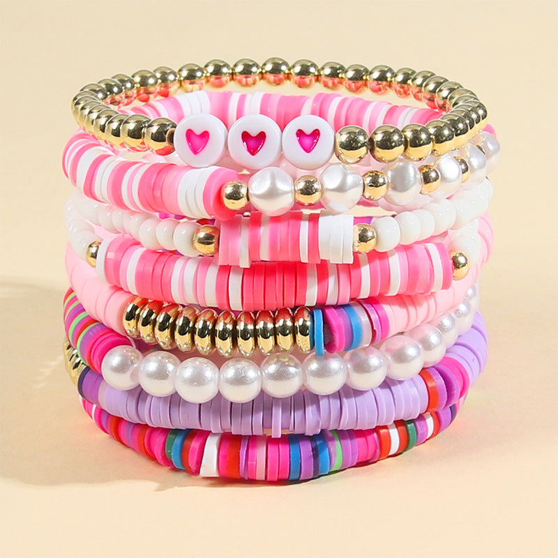 Wholesale 8pcs/set Rainbow Pearl Love Beaded Clay Bracelet Set