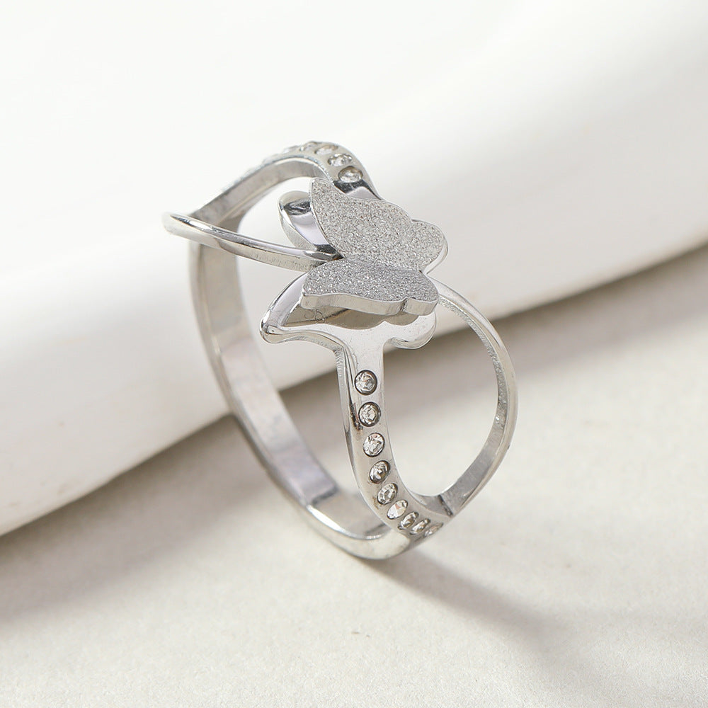Wholesale Micro Diamond Stainless Steel Ring Double Layer Frosted Cross Butterfly Rings ACC-RS-WangG006