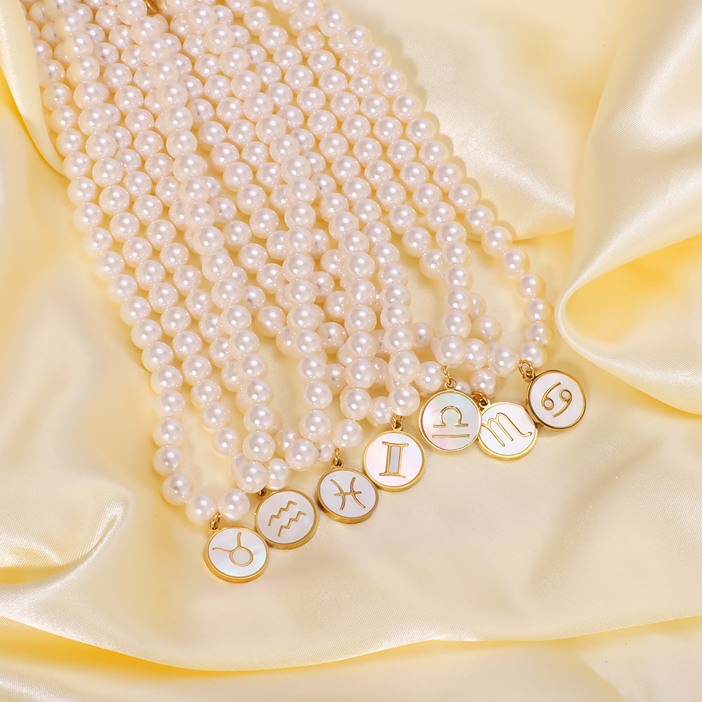 Wholesale 12 constellation stainless steel plated 18k gold white seashells pearl light luxury necklace