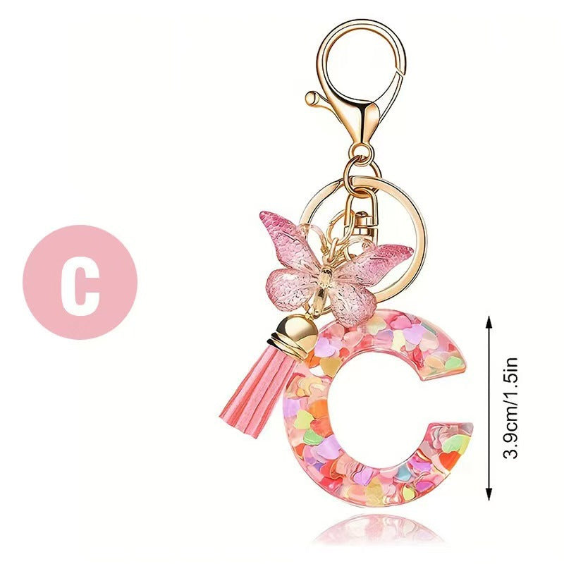 Wholesale Trendy Cute 26 Piece Alphabet Initial Keychain Set With Tassel Butterfly Pendant Bag Charm Gift