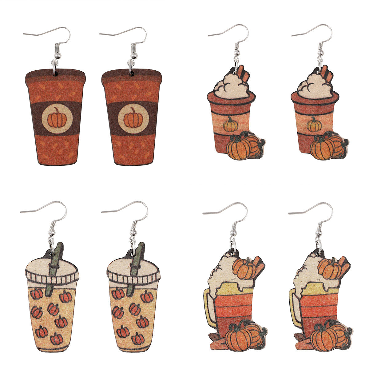 Wholesale Thanksgiving Pumpkin Cream Latte Coffee Cup Wood Earrings ACC-ES-ChuLian057