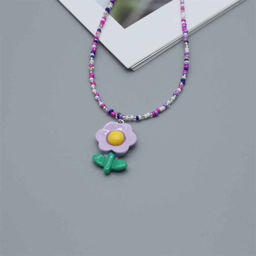 Wholesale  cute girl small rice beads necklace sunflower flower pendant clavicle chain