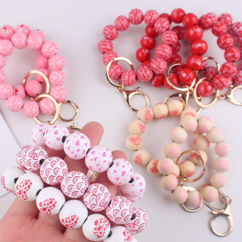 Wholesale  Creative DIY Valentine's Day Wooden Beads Beaded Bracelet Keychain