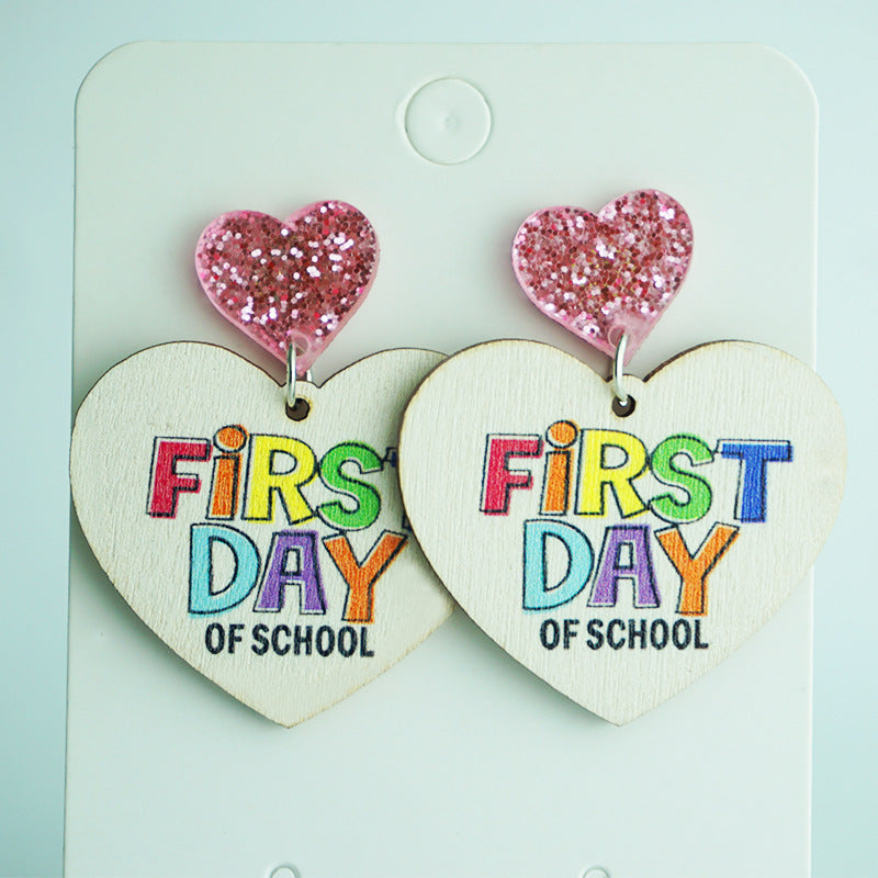 Wholesale 2 Pairs/Pack Back To School Season Shiny Pencil School Bus Tie-Dye Love Wood Earrings ACC-ES-HY097