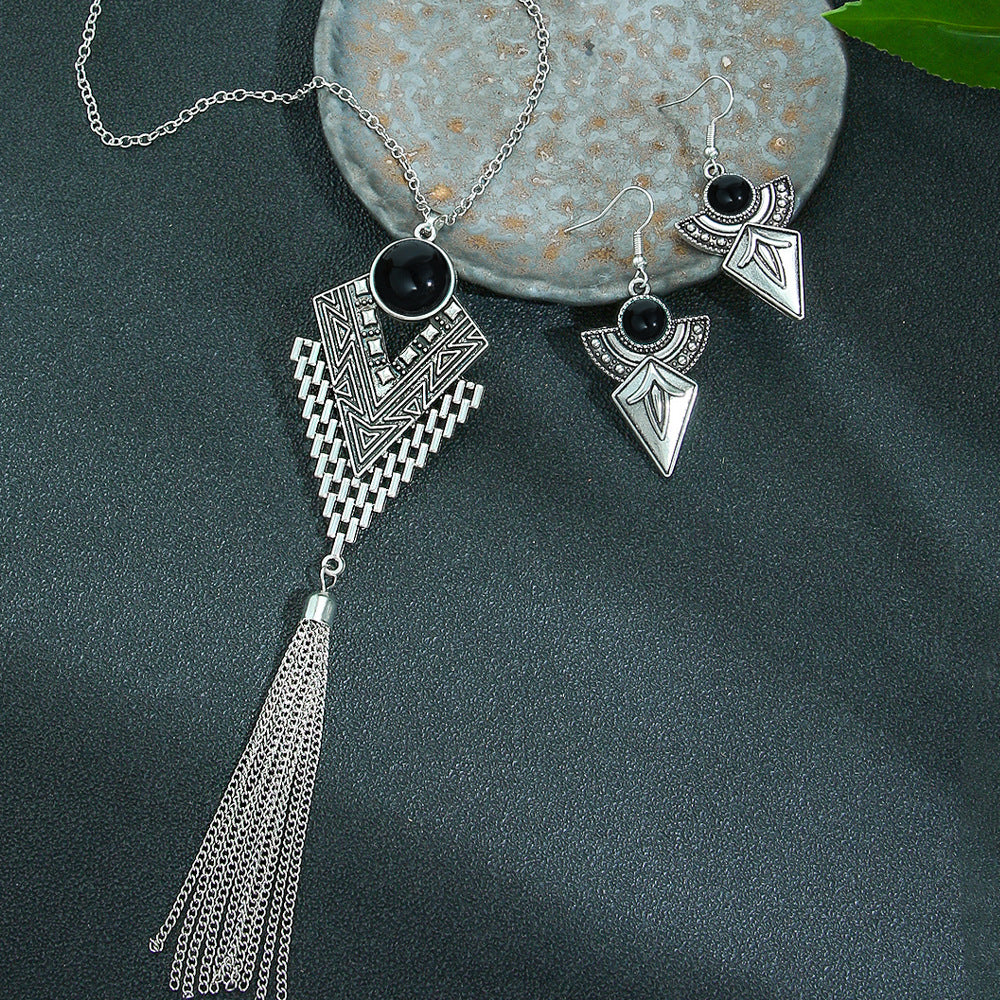 Wholesale  retro ethnic style necklace sweater chain long exaggerated tassel pendant turquoise earrings necklace set