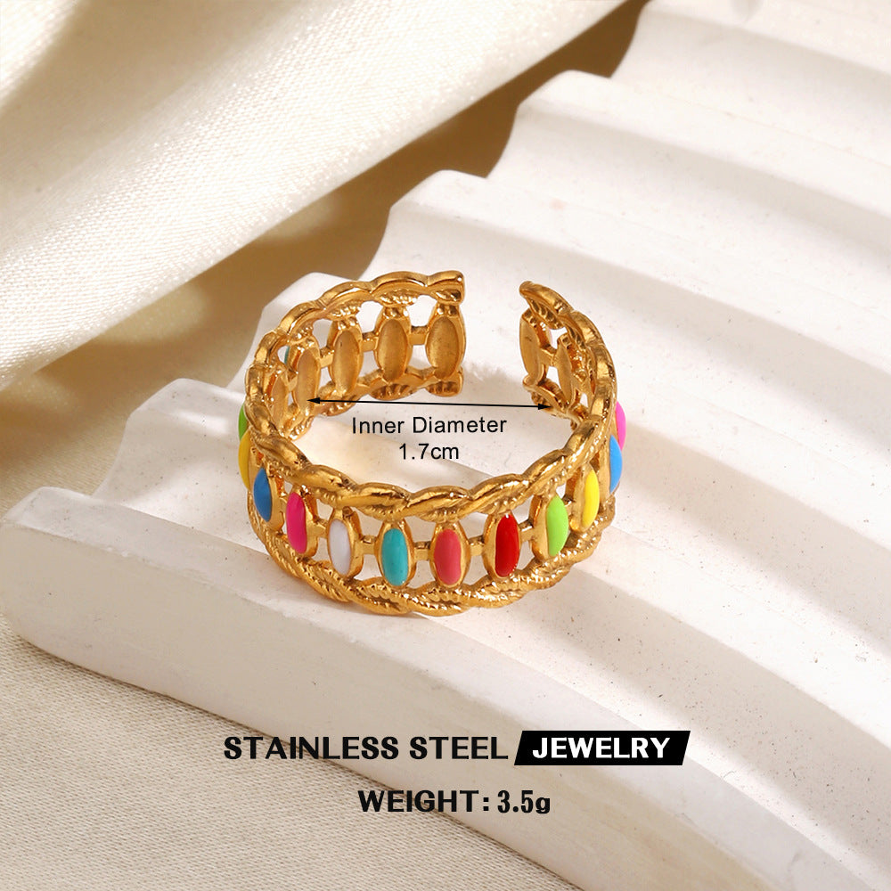 Wholesale Gold Plated Stainless Steel Colorful Enamel Floral Geometric Ring Trendy Fashion Accessory for Women