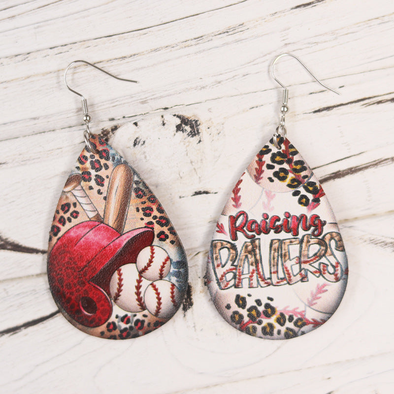 Wholesale  Baseball Leopard Print Women Teardrop Shape PU Leather Earrings