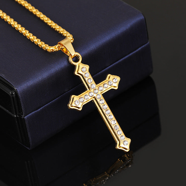 Wholesale Titanium Steel Diamond-encrusted Gold Cross Pendant Jewelry Necklaces