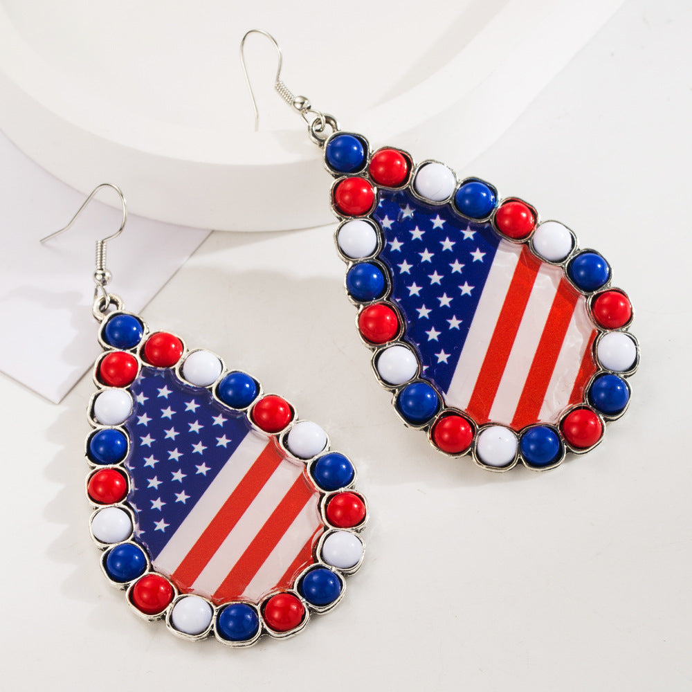 Wholesale alloy set acrylic diamond red white blue print earrings