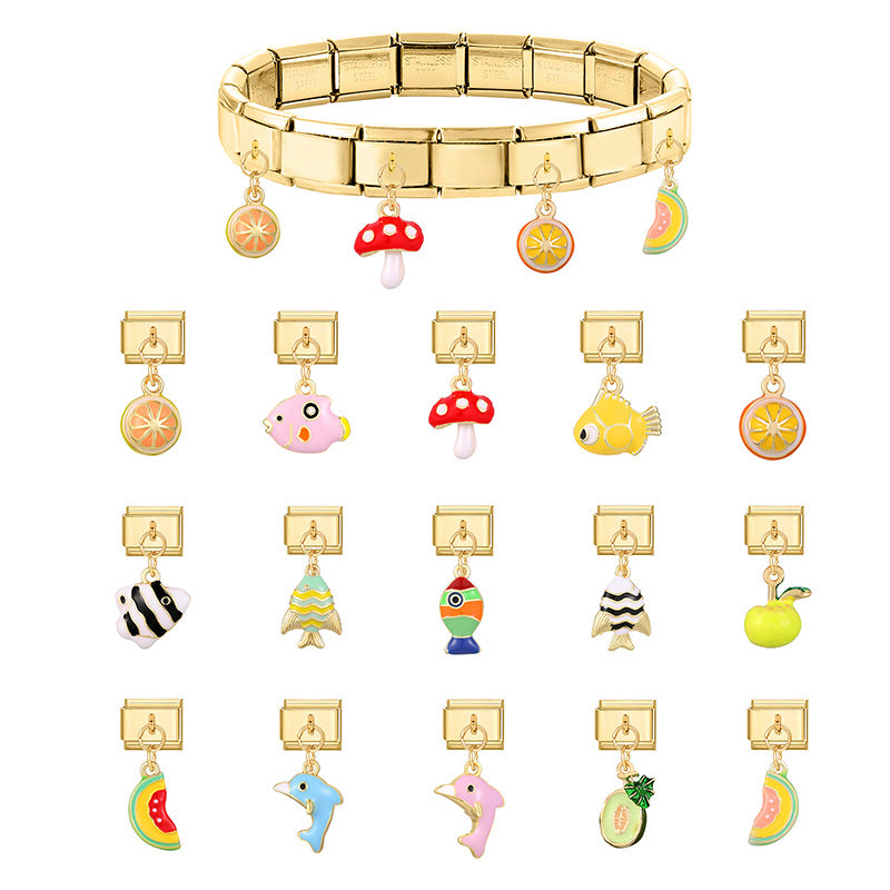 Wholesale 9mm Italian Charm Starter Bracelets DIY Fish and Fruit Pendant Stainless Steel Composable Bracelet