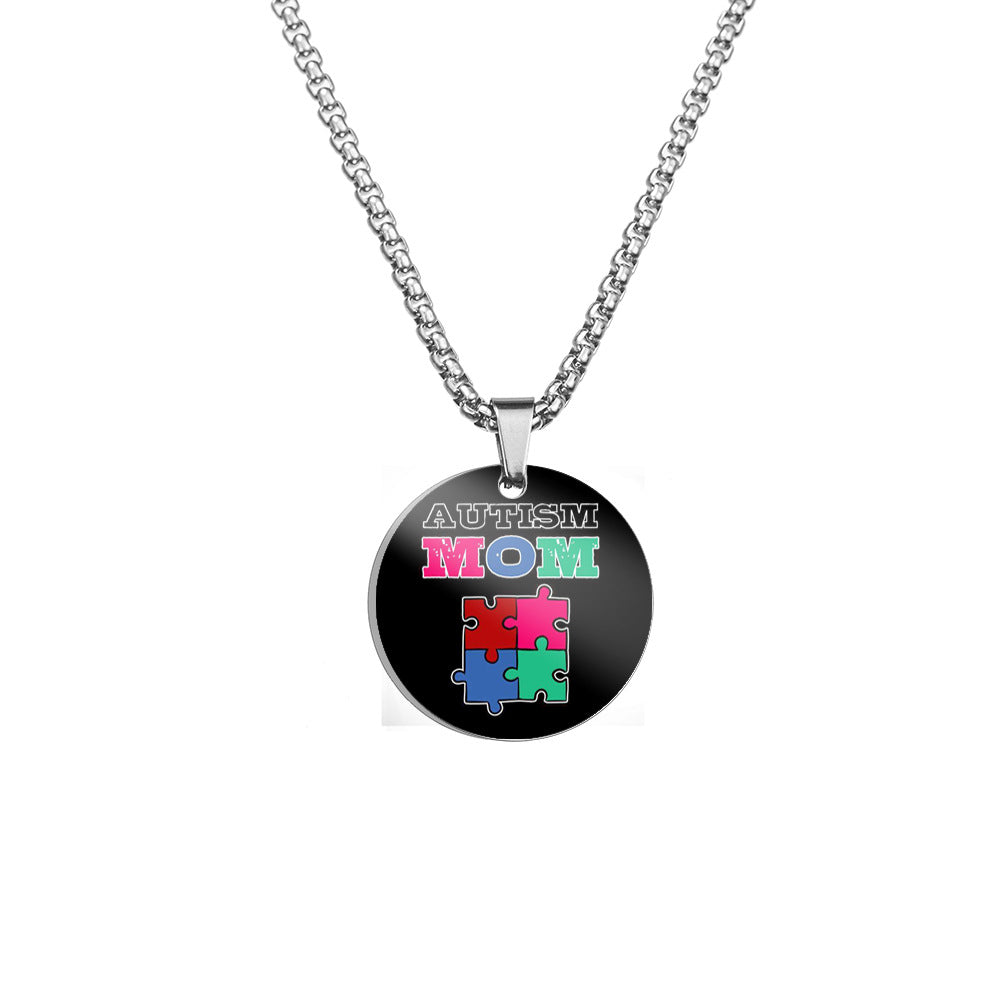 Wholesale Autism MOM Puzzle Color Printed Pendant Stainless Steel Necklace Mother's Day ACC-NE-HuanYu004