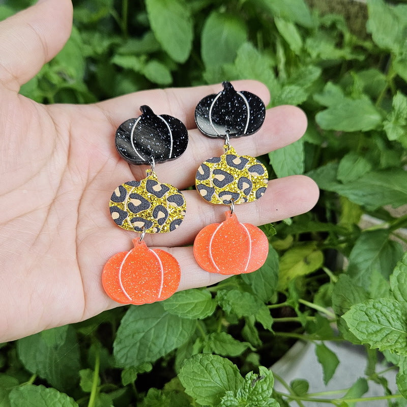 Wholesale Acrylic Plaid Leopard Pumpkin Earrings Fashion Jewelry Accessory for Autumn