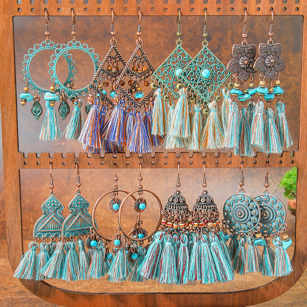 Wholesale Handmade Woven Tassel Earrings Bohemian Style Zinc Alloy Summer Beach Holiday Fashion Accessory