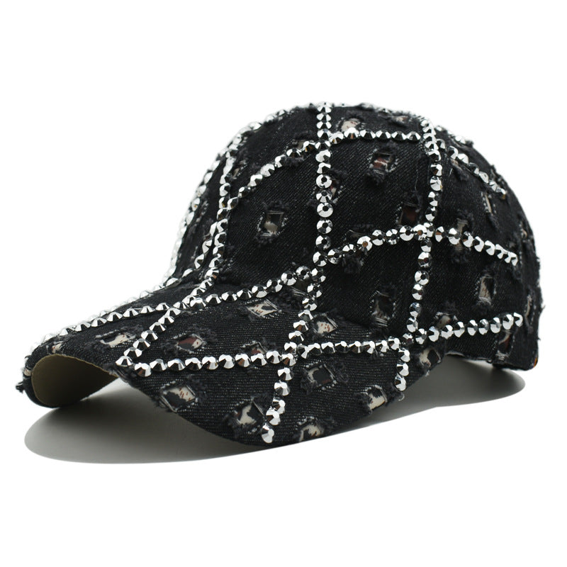 Wholesale Ripped Leopard Washed Diamond Rhinestone Fashion Baseball Cap