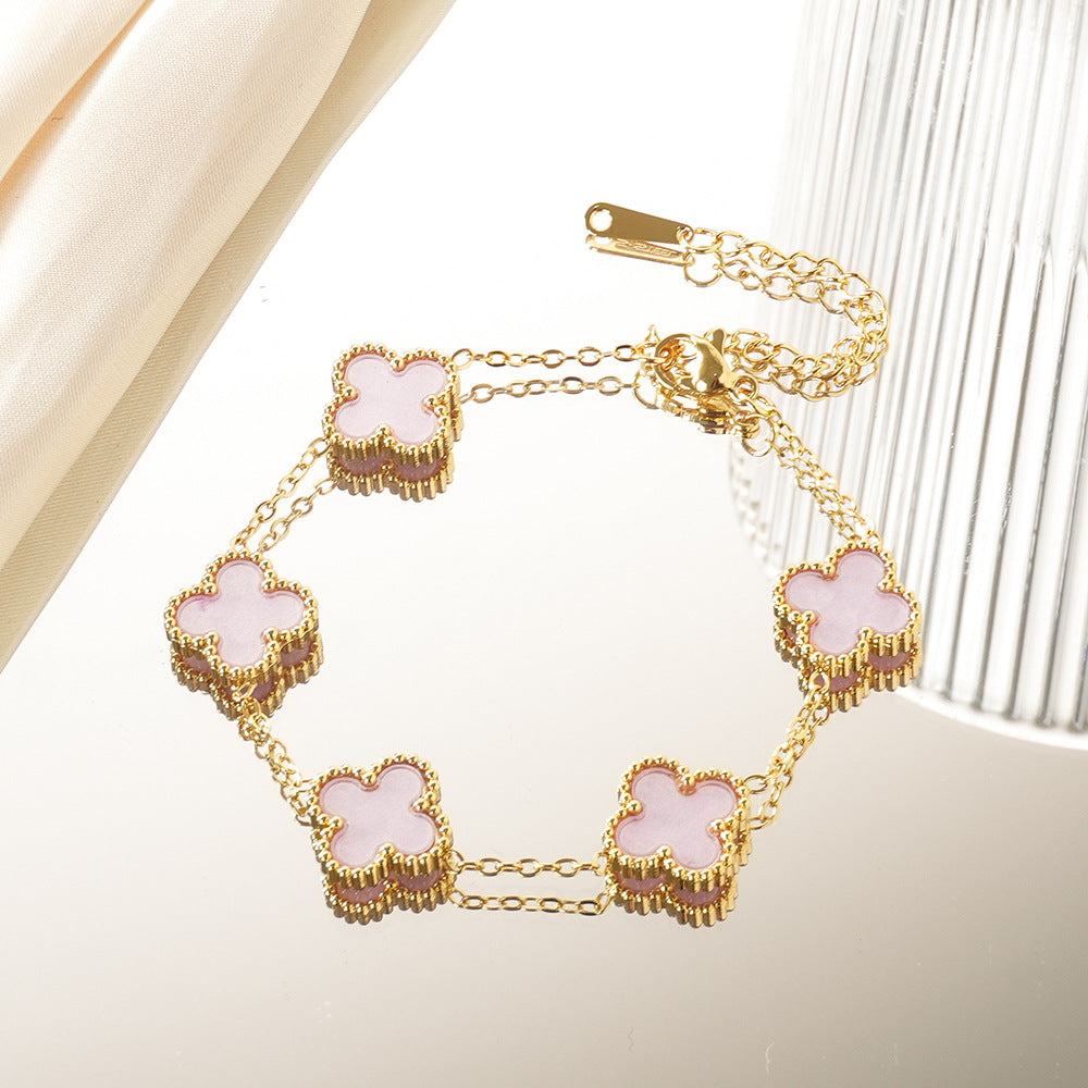 Wholesale Four-Leaf Clover Stainless Steel Bracelet Gold Plated Macaron Color Jewelry Accessory ACCVIP