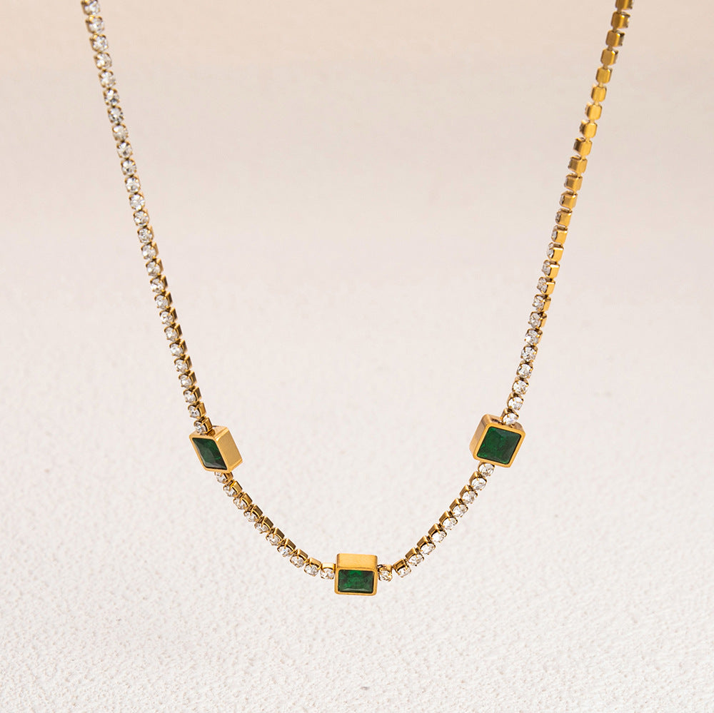 Wholesale Stainless Steel Necklace 18K Gold Plated Square Emerald Rhinestone Zircon Choker Necklaces ACC-NE-YuHui003