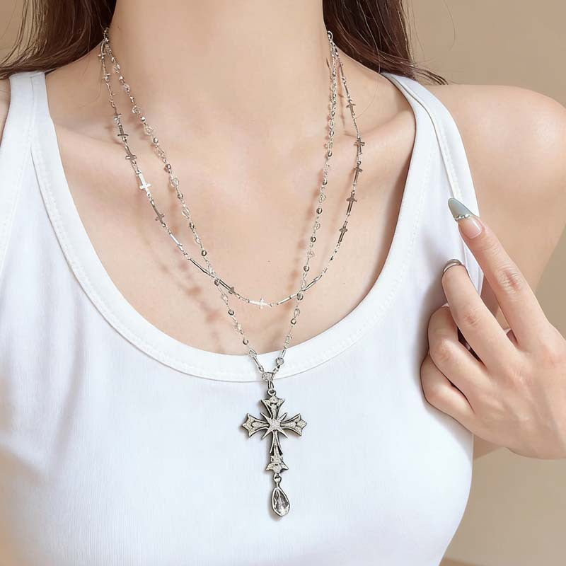 Wholesale Electroplated Zinc Alloy Dark Cross Pendant Layered Necklace For Women Trendy Gothic Fashion Accessory Boutique Resale Jewelry