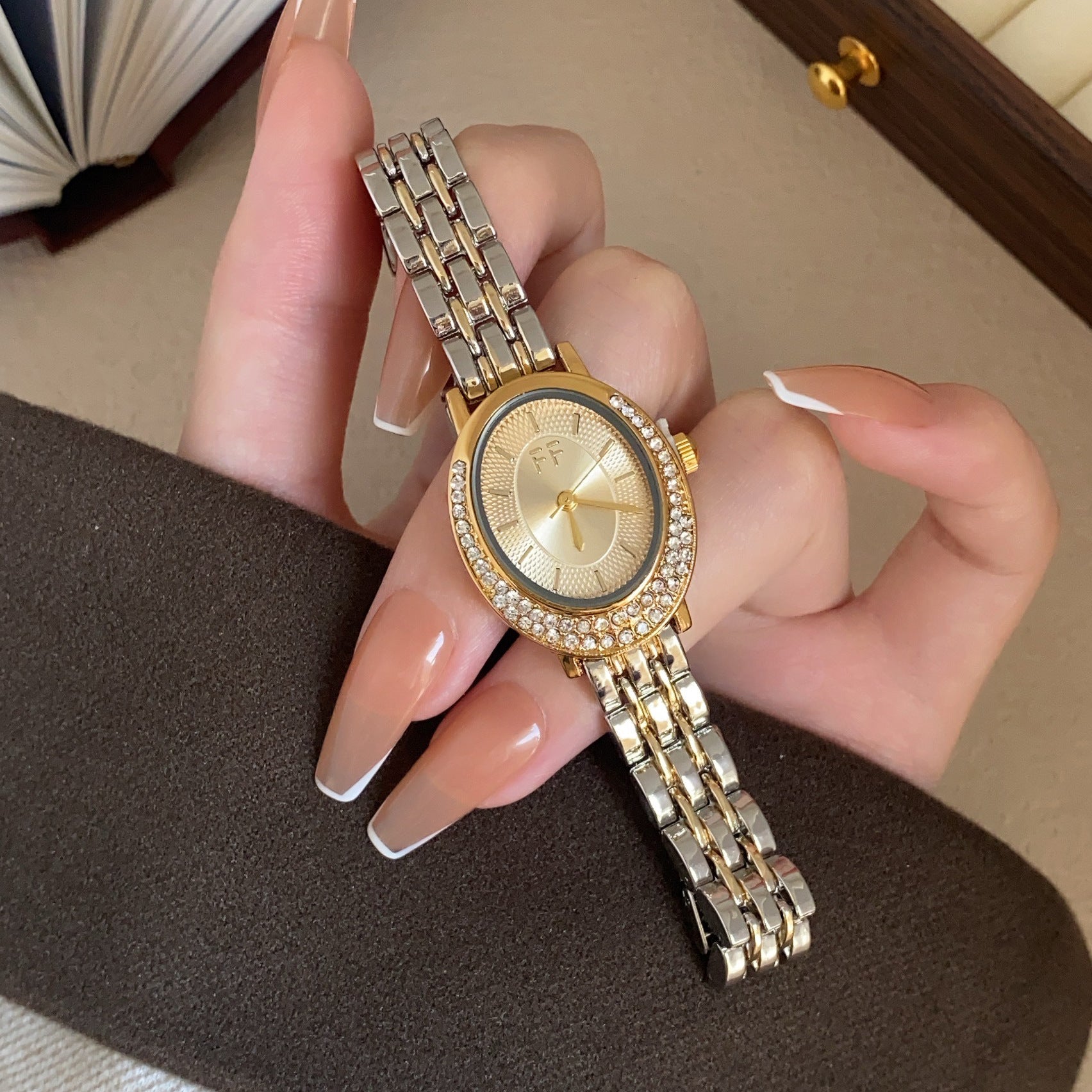 Wholesale Crystal Embellished Oval Half Moon Women S Quartz Watch Simple Vintage Fashion