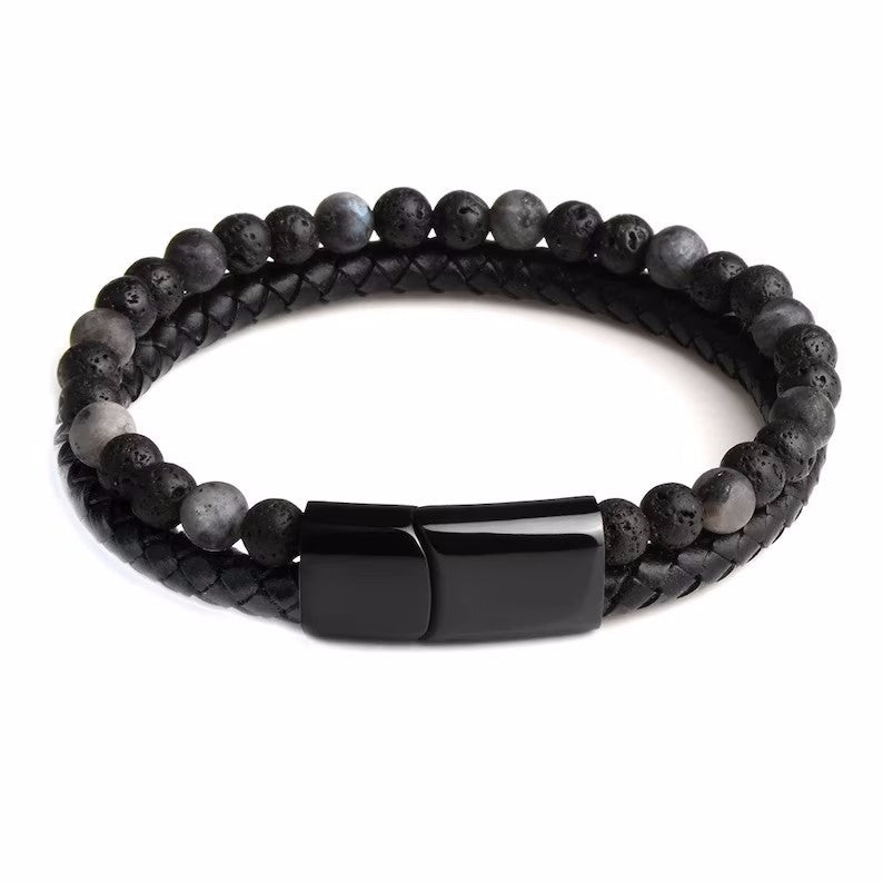 Wholesale Alloy Leather Rope Natural Stone Bracelet Double Layer Tiger Eye Stone Volcanic Stone Beaded Bracelet ACC-BT-YunJin005