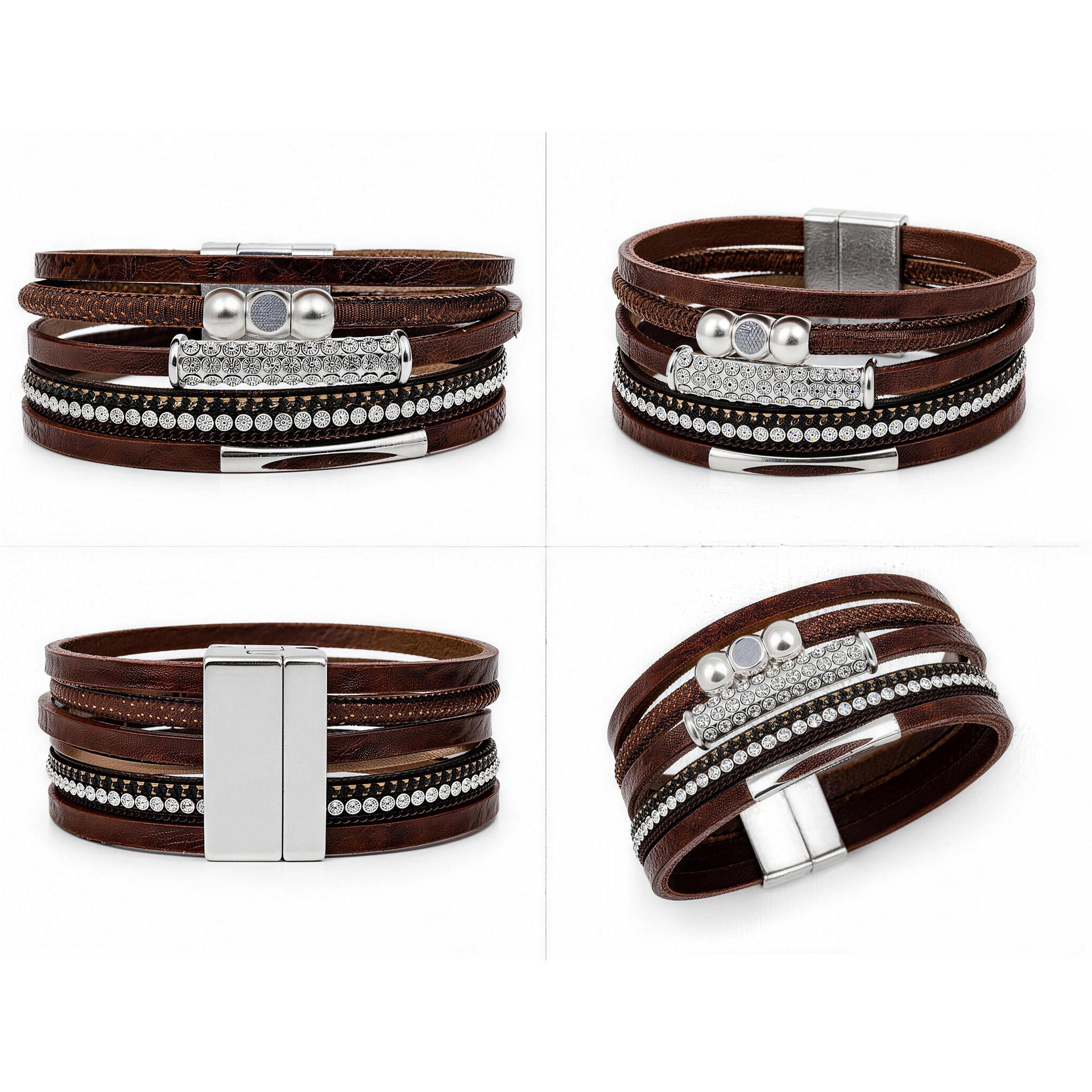 Wholesale Bohemian Multi Layer PU Leather Bracelet Women S Magnetic Clasp Rhinestone Retro Jewelry Accessory