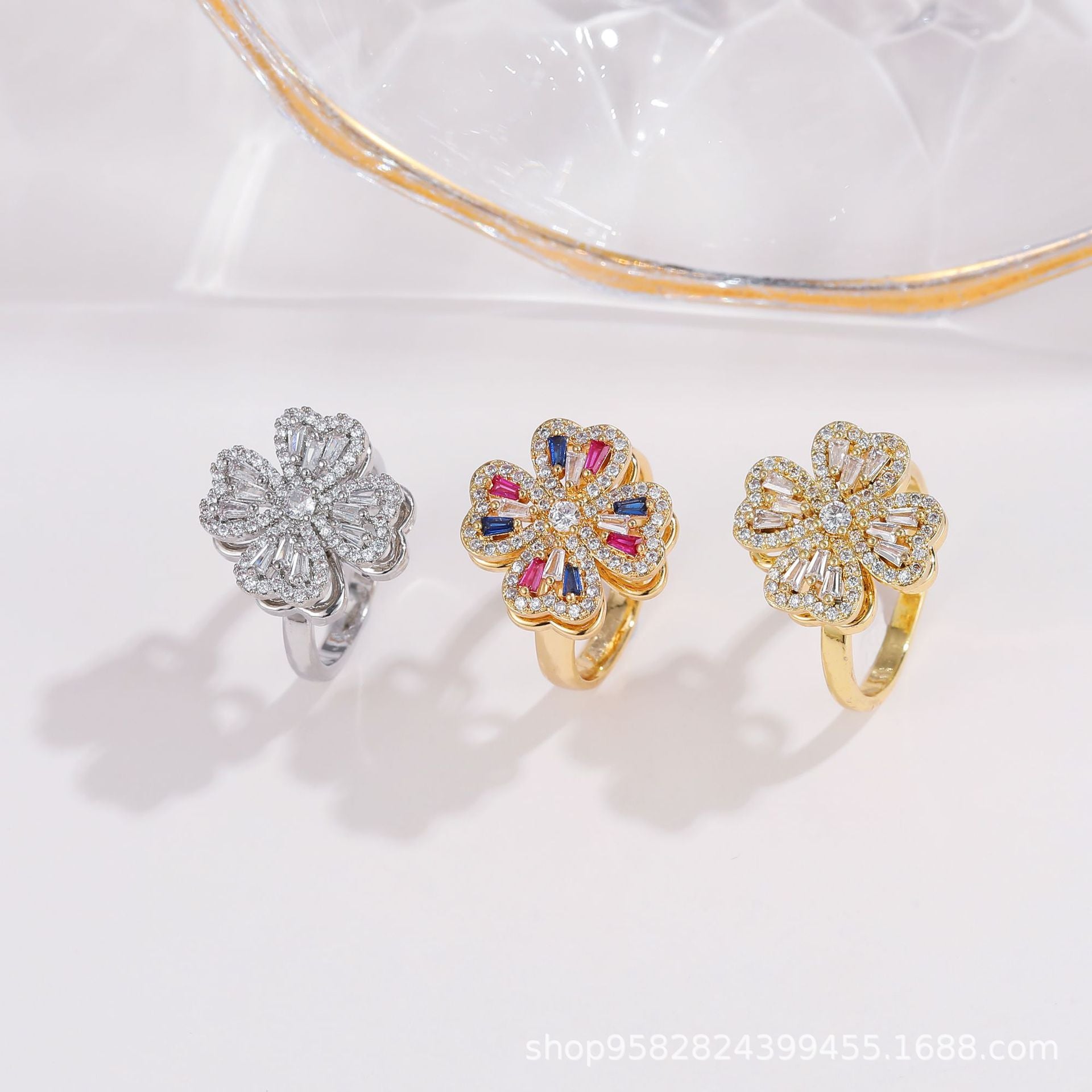 Wholesale 360° Rotating Double-Layer Flower Ring Gold Plated Zircon Fashion Accessory Boutique Gift