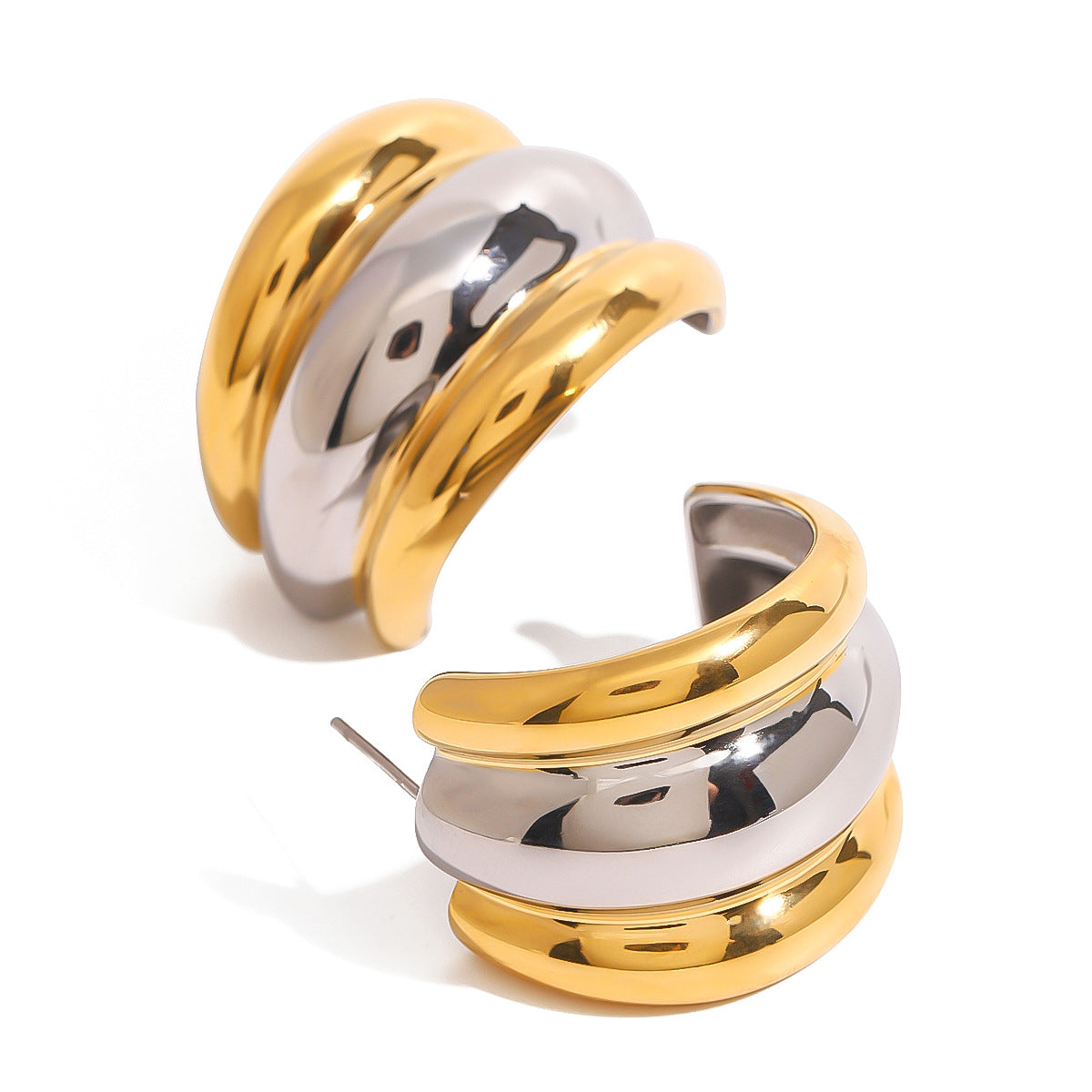 Wholesale stainless steel gold and silver contrast color c-shaped smooth earrings