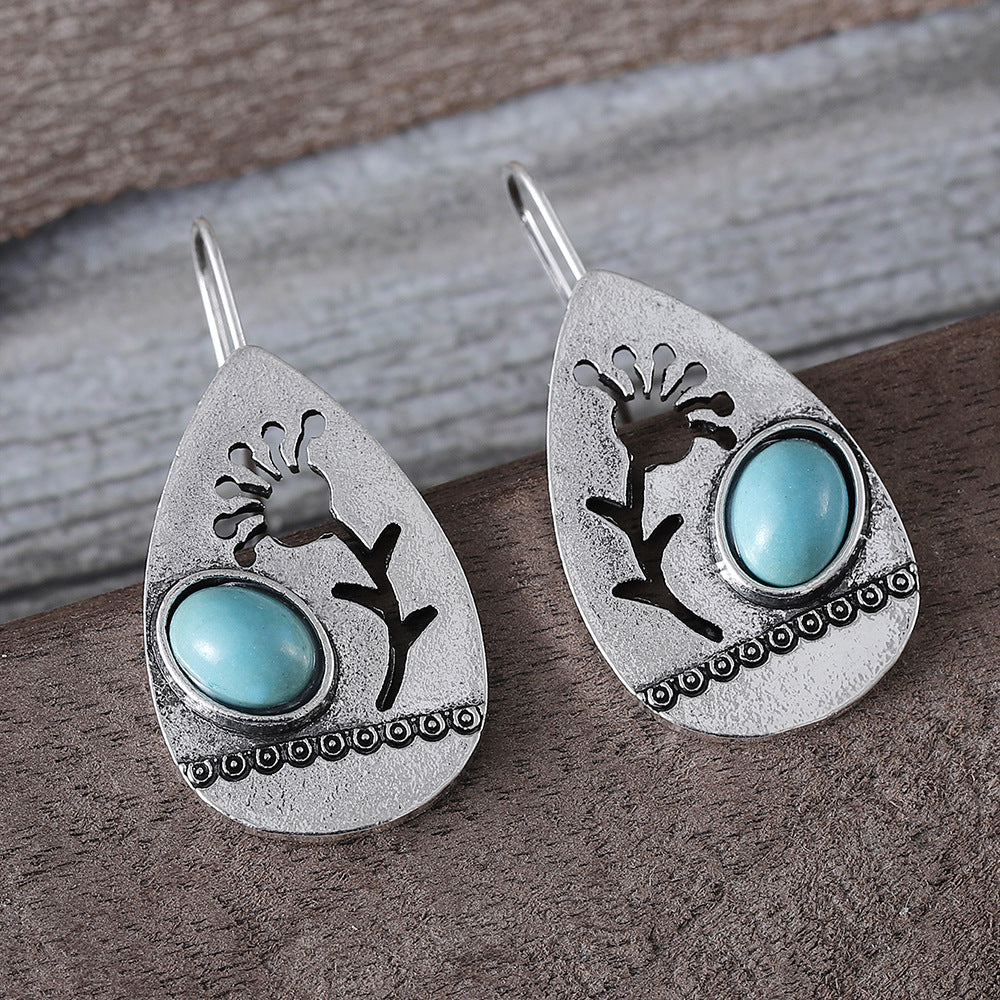 Wholesale Retro Drop-shaped Hollow Flower Turquoise Earrings - Everyday Fashion Accessory