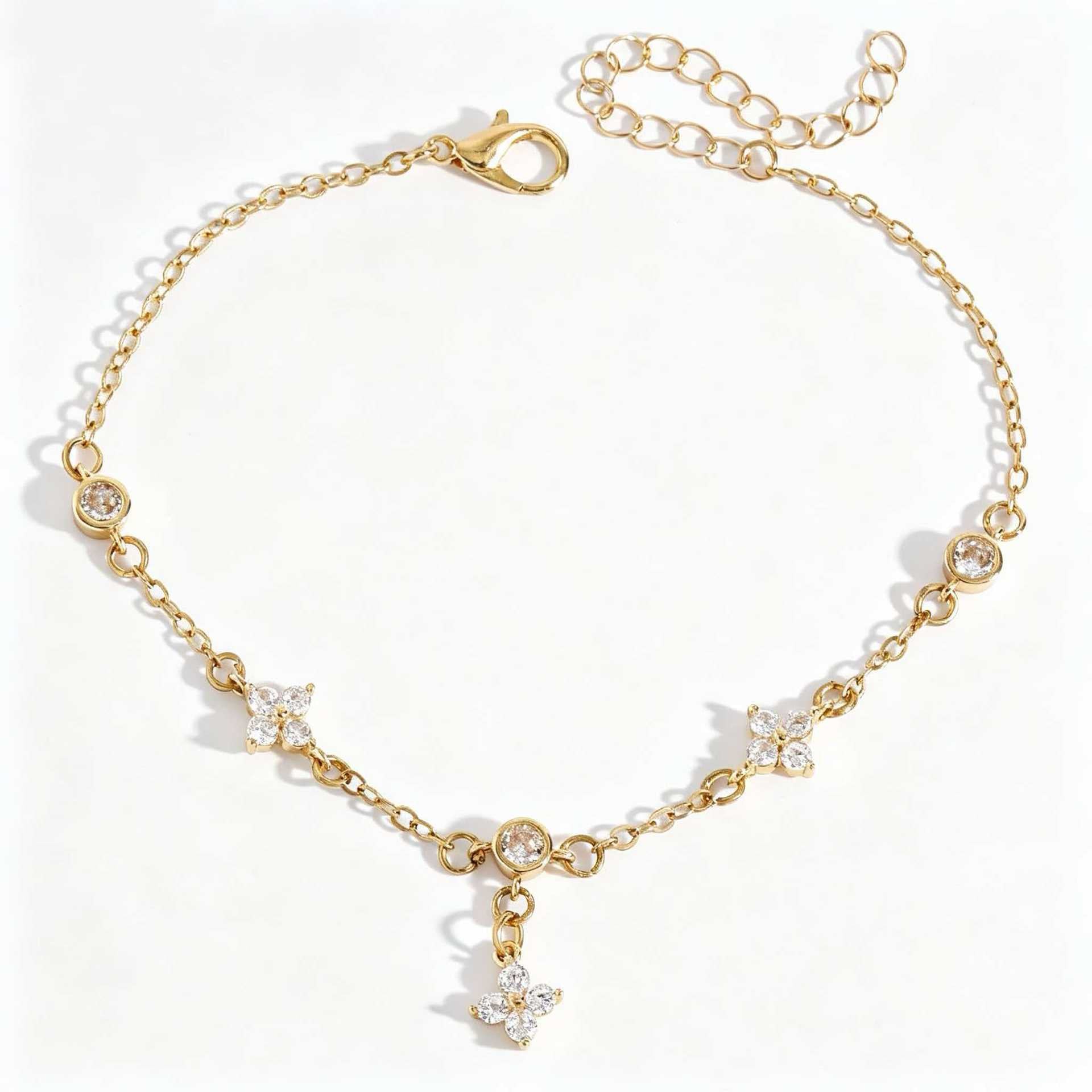 Wholesale Four Leaf Clover Star Anklet For Women Copper Flower Rhinestone Pendant Anklet Chic Boutique Jewelry Accessory
