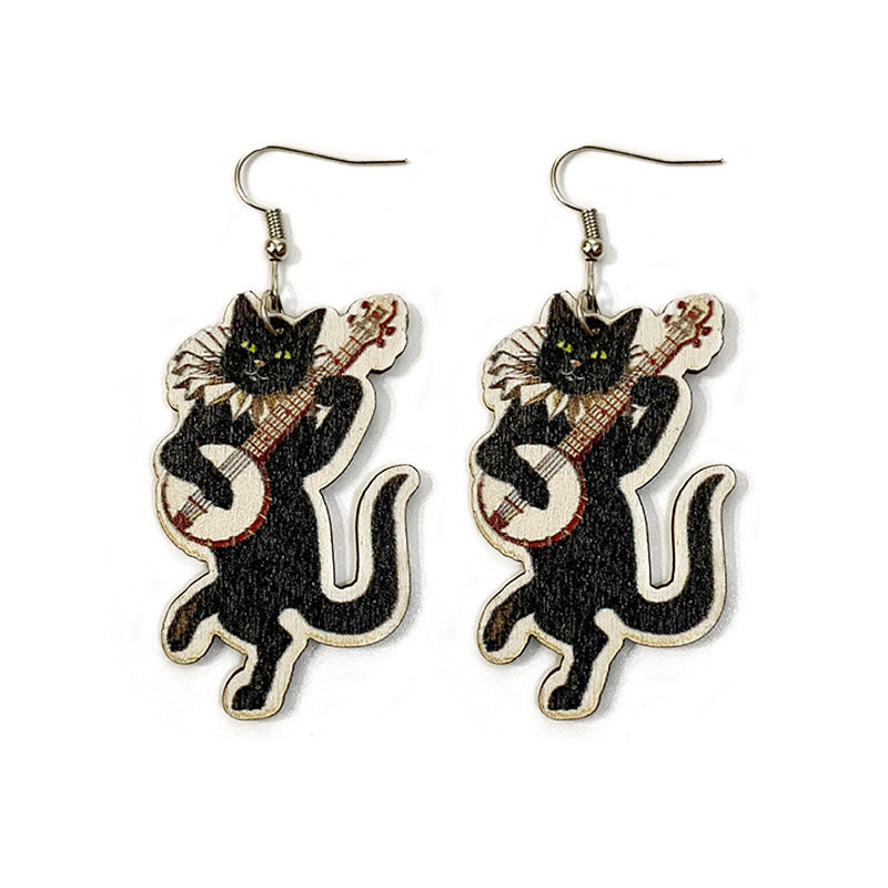 Wholesale Halloween Horror Evil Ghost Black Cat Pumpkin Wood Earrings ACC-ES-XinChuan043