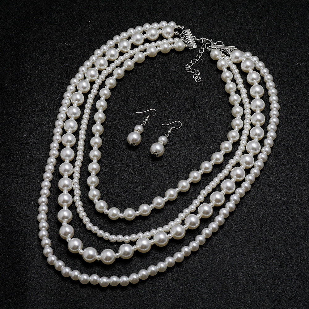 Wholesale Multi-layer Pearl Simple Ball Necklace Earrings suit Jewelry