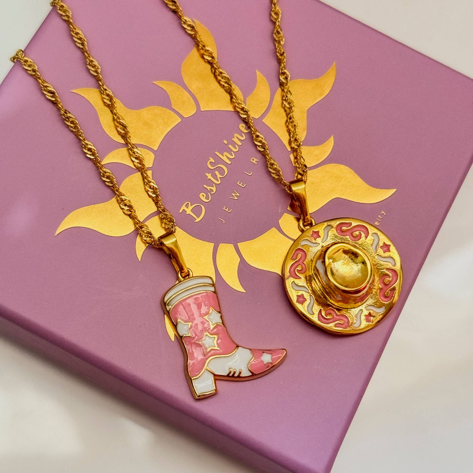 Wholesale Denim boots cowboy hat pendant necklace retro style jewelry furnace vacuum plating 18k gold