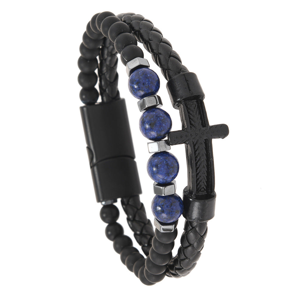 Wholesale Punk Natural Stone Beaded Cross Vintage Men' s Leather Bracelet