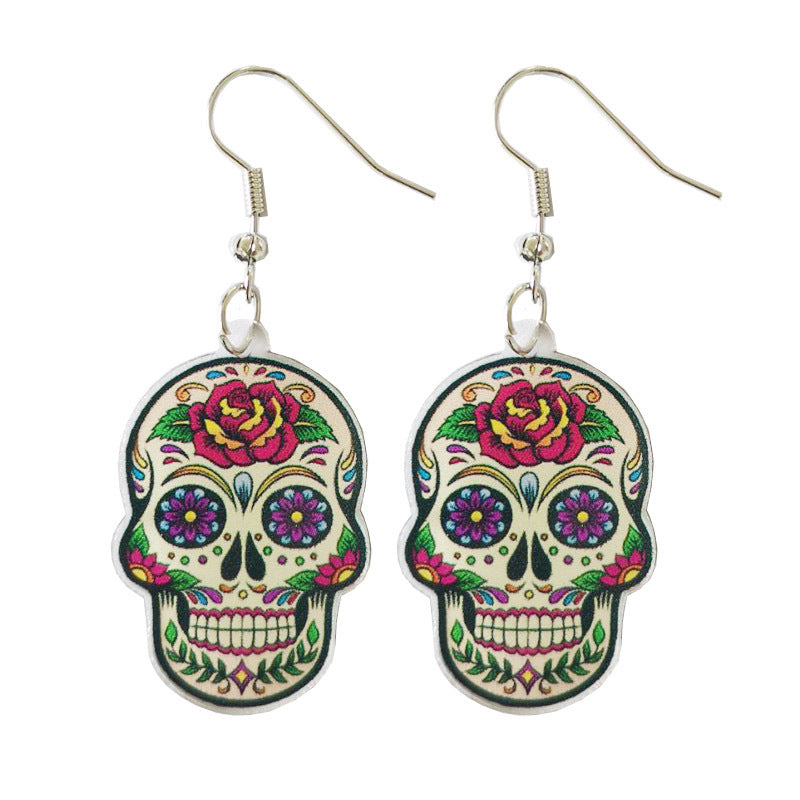 Wholesale 2 pairs/pack Acrylic Day of the Dead skull butterfly flower mushroom snake rose flame earrings