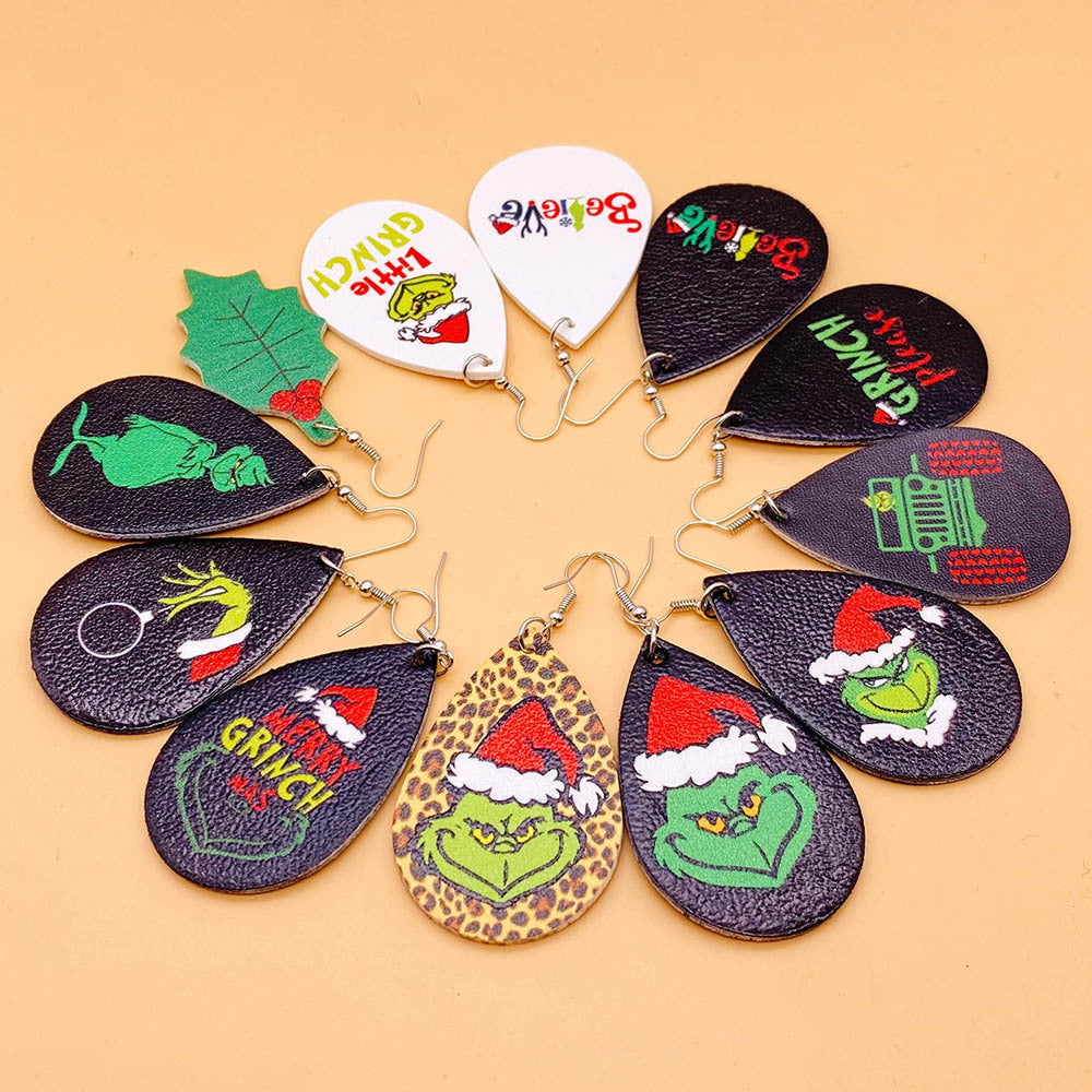 Wholesale Christmas Green Frog Leather Earrings