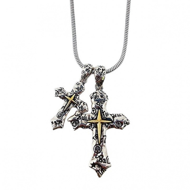 Wholesale Zinc Alloy Retro Graffiti Cross Pendant Necklace Unisex Hip Hop Trendy Fashion Accessory Gift