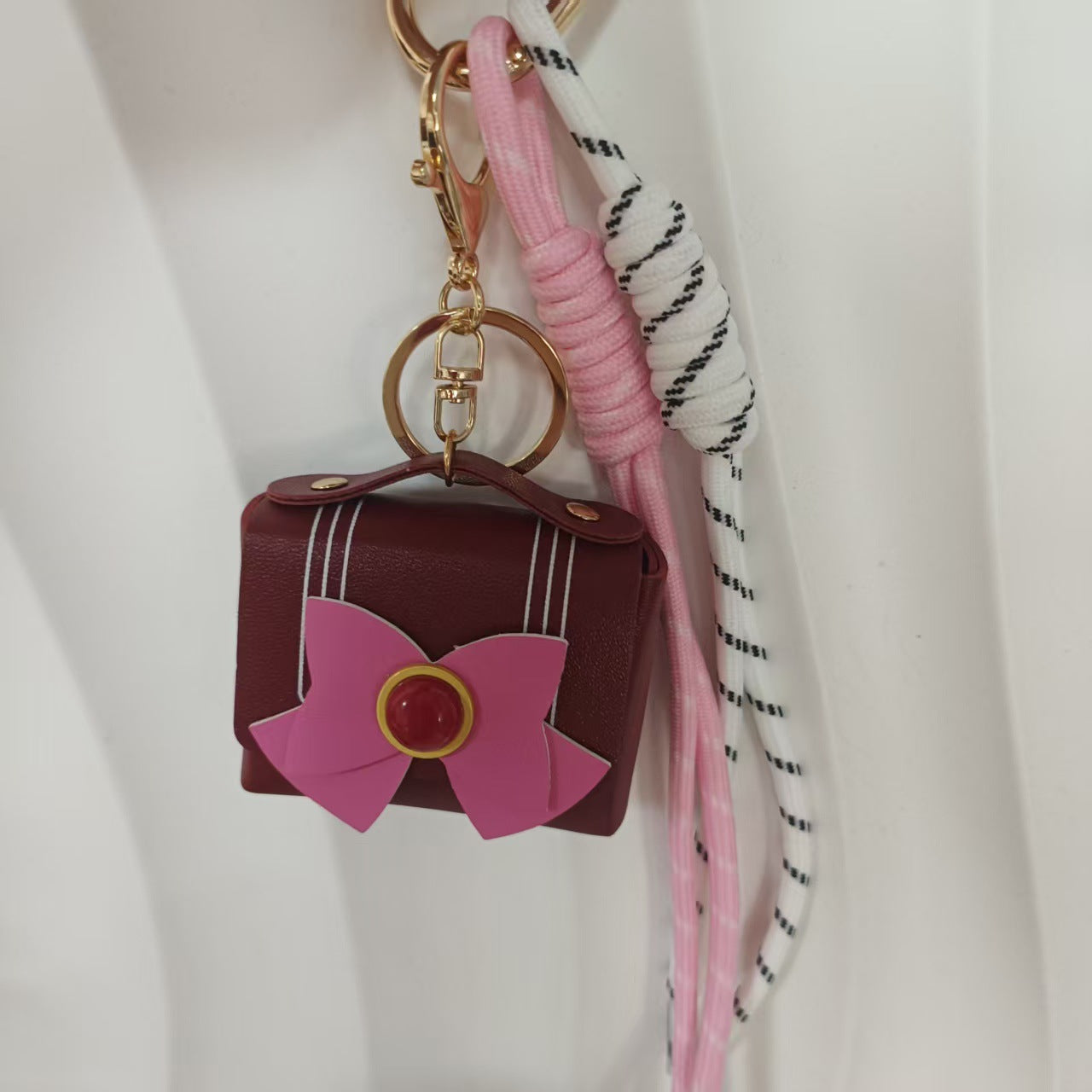 Wholesale Deep Red PU Bag Lanyard Keychain Polka Dot Design Trendy Car Key Accessory Gift