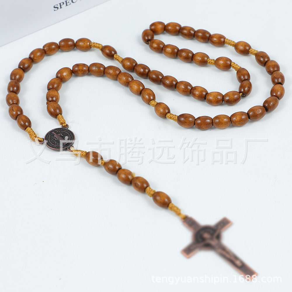 Wholesale 8*10mm wooden beads  cross alloy tag necklace