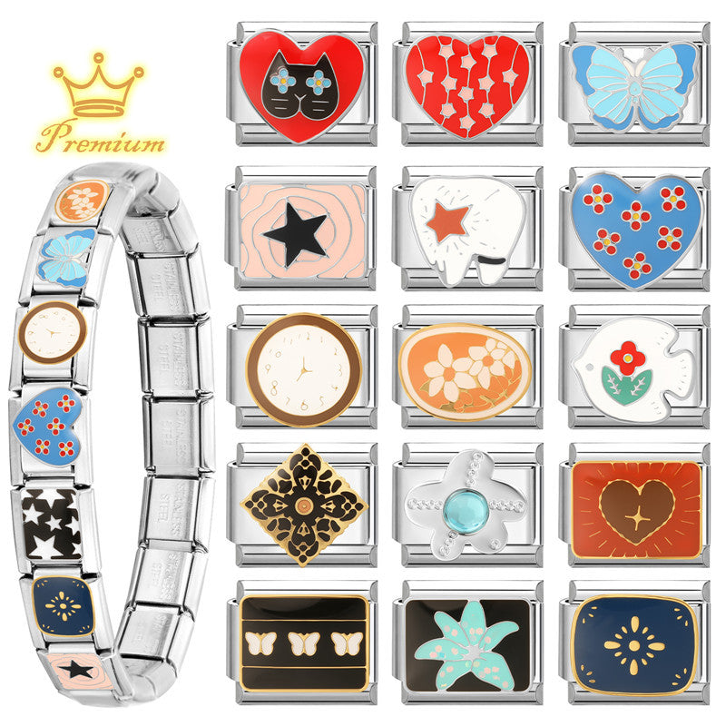 Wholesale Italian Style DIY Bracelet Charm Set Heart Butterfly Star Flower Stainless Steel Jewelry Accessory