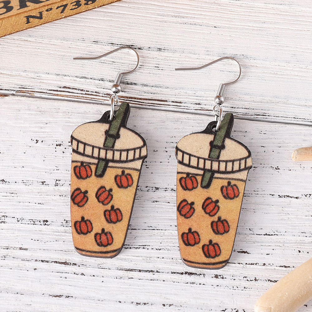 Wholesale Thanksgiving Pumpkin Cream Latte Coffee Cup Wood Earrings ACC-ES-ChuLian057