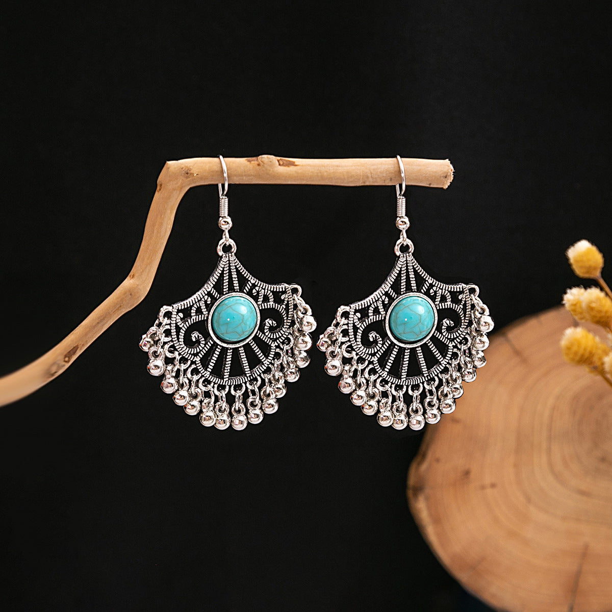 Wholesale Retro Ethnic Style Blue Turquoise Hollow Ring Flower Tassel Earrings Jewelry Accessory
