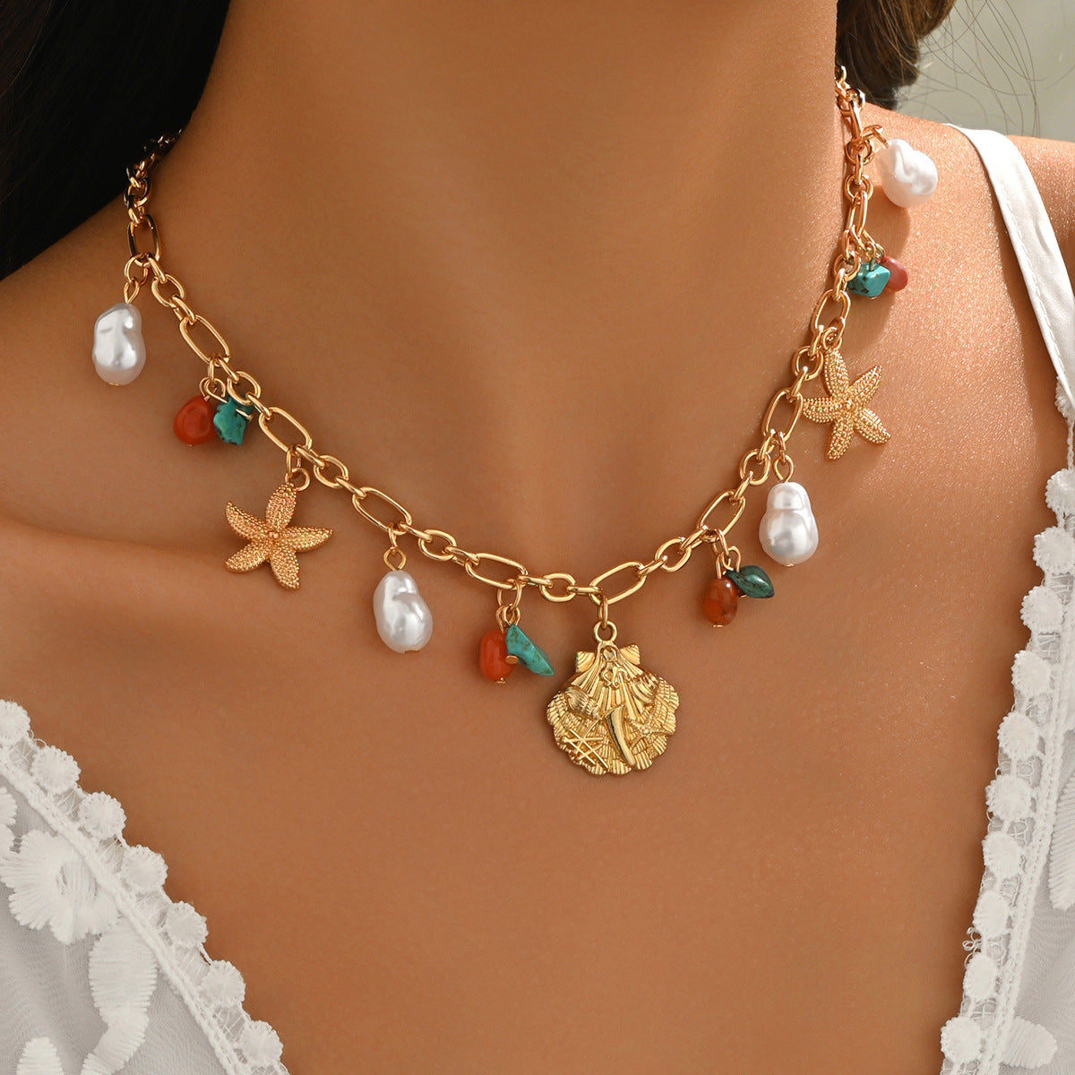 Wholesale Resort Style Shell Starfish Pearl Pendant Necklace